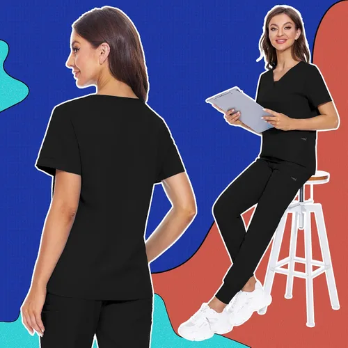 Miniatura 32 de VIAOLI Conjunto de ropa quirúrgica para mujer, camiseta con cuello en V y pantalones médicos tipo cargo para mujer, 10 bolsillos