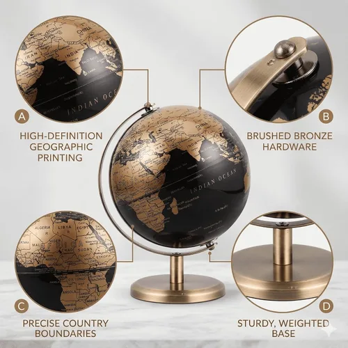 Miniatura 4 de Globo del mundo pequeño de 6 pulgadas con soporte de bronce antiguo, decoración de escritorio de tierra negra y dorada para niños y adultos, globo