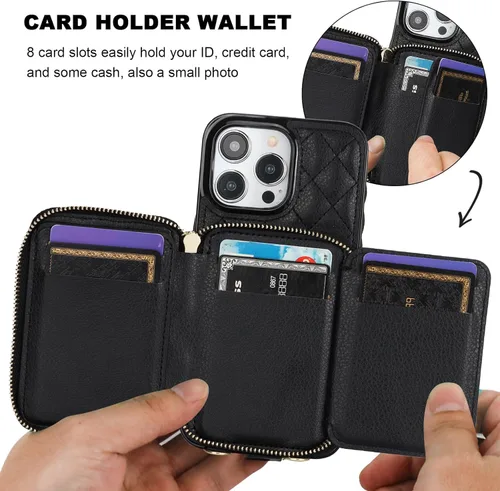 Miniatura 4 de Bocasal Funda tipo cartera cruzada para iPhone 15 Pro Max, con bloqueo RFID, de piel sintética, con cremallera, funda tipo cartera con función atril