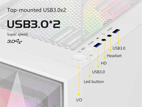 Miniatura 3 de SAMA 3509 Carcasa de PC de torre media ATX blanca - Parte frontal de malla de acero, panel lateral de vidrio templado con bisagras, 4 ventiladores