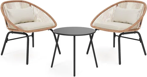 Miniatura 3 de LAUSAINT HOME Juego de 3 piezas para conversación de patio, muebles de mimbre para todo tipo de clima, con 2 sillas anchas y mesa auxiliar, perfecto