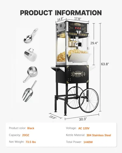 Miniatura 6 de Carro comercial de máquina de palomitas de maíz de 20 onzas, máquina para hacer palomitas de maíz mejorada con hervidor de acero inoxidable que hace