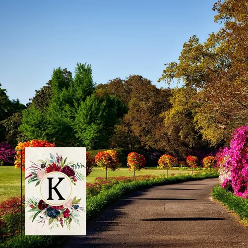Miniatura 6 de Banderas de jardín con monograma de letra K, bandera de jardín de verano de 12 x 18 pulgadas, banderas florales de doble cara para patio, bandera