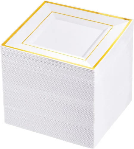 bUCLA 100 platos cuadrados dorados de plástico, platos desechables de postre/pastel de 6 pulgadas, platos cuadrados duros de primera calidad para