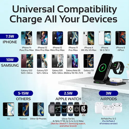 Miniatura 4 de Estación de carga inalámbrica 3 en 1 para múltiples dispositivos Apple, iPhone 17 16 15 14 13 12 11 Pro Max XS XR X 8 Plus, Apple Watch 9 8 7 6 5 4