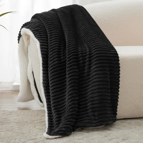 Miniatura 20 de Manta Sherpa para sofá, súper suave y gruesa, manta blanca, mantas cálidas para invierno, manta mullida para sofá cama, forro polar a rayas, crema