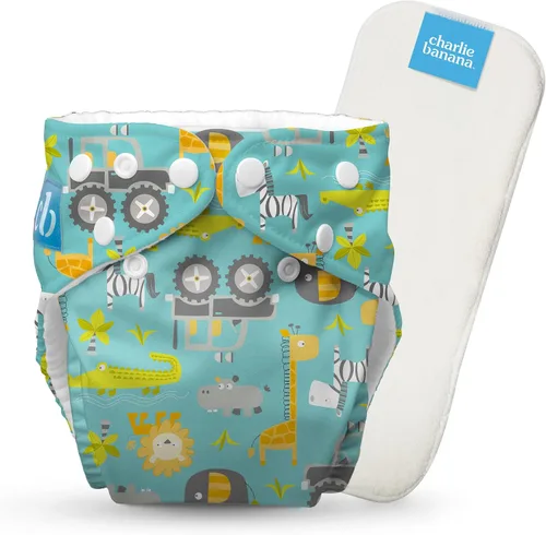 Charlie Banana Pañales de tela, reutilizables, lavables, ajustables, talla única, para bebés y niños pequeños, con inserto absorbente, Gone Safari,