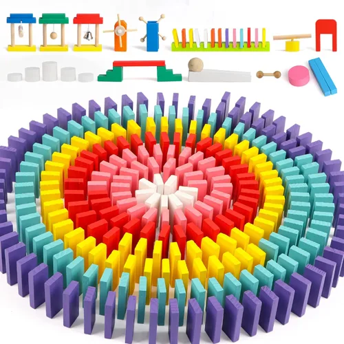 Wondertoys Juego de 600 piezas de dominó para niños, bloques de construcción de madera, 6 colores, dominó a granel, juegos de azulejos de carreras,