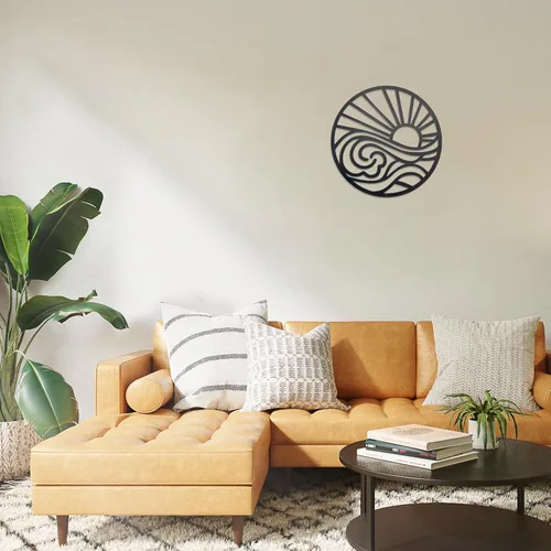 Miniatura 3 de Urbraneco Adorno de pared de metal con diseño de sol y ondas, diseño minimalista de línea de amanecer, letrero redondo para sala de estar, cocina