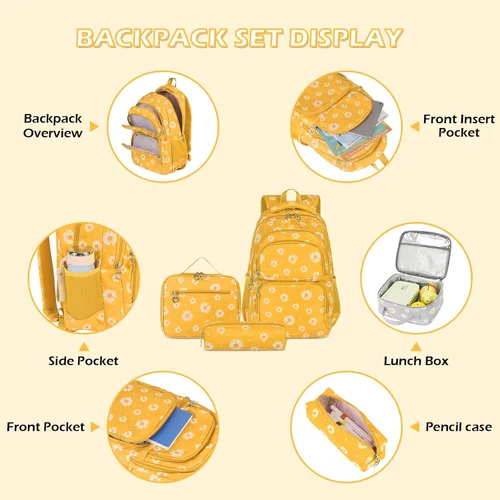 Miniatura 40 de goldwheat Mochilas impresas margaritas con paquete de almuerzo, estuche de lápices 3pcs, bolsa ligera resistente al agua para la escuela secundaria