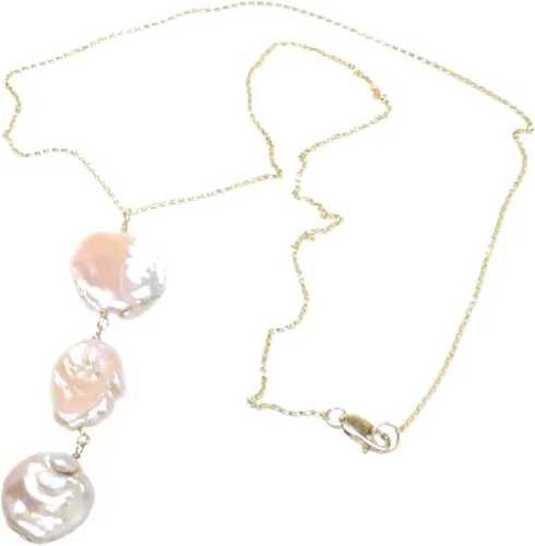 Miniatura 3 de Collar de cadena grande con pétalos barrocos cultivados de agua dulce y perlas de agua dulce con tres colgantes, relleno de oro de 24 pulgadas