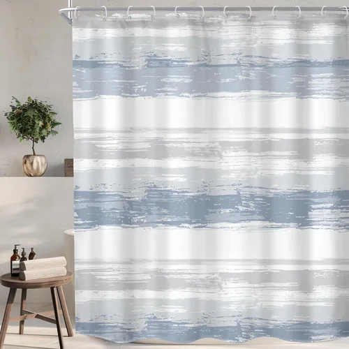 Miniatura 28 de KOMLLEX Cortina de ducha abstracta azul para decoración de baño, 72 pulgadas de ancho x 72 pulgadas de alto, moderna, a rayas blancas y grises