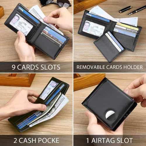 Miniatura 10 de Swallowmall AirTag Billetera para hombre con bloqueo RFID, de piel auténtica, plegable, para AirTag con 1 ventana de identificación, 13 tarjeteros