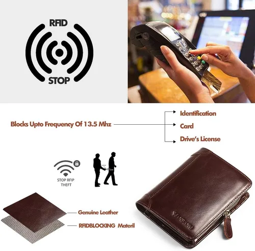 Miniatura 10 de Billetera para hombre con cremallera de cuero genuino RFID tarjeteros de piel de vaca con cremallera bolsillo para monedas, carteras plegables
