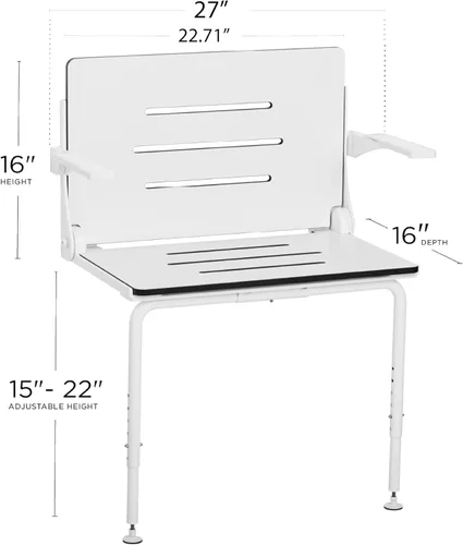 Miniatura 2 de Seachrome Silhouette Comfort Plus Asiento plegable resistente para ducha de montaje en pared con reposabrazos y patas, asiento blanco con marco