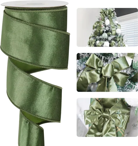 HUIHUANG Cinta de terciopelo verde con alambre de 2-1/2 pulgadas, cinta de terciopelo verde musgo para árbol de Navidad, lazos grandes, coronas,