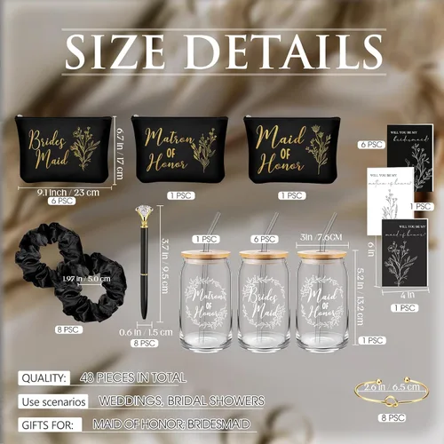 Miniatura 2 de Irenare Juego de 8 piezas de 48 piezas de regalos de dama de honor, regalos de dama de honor, vasos de vidrio de 16 onzas, bolsas de maquillaje