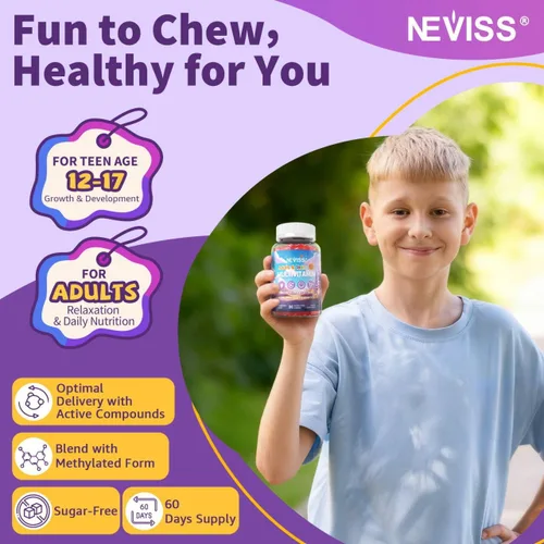 Miniatura 4 de NEVISS Gomitas multivitamínicas metiladas para adolescentes de 12 a 17 años con glicinato de magnesio, omega-3, L-teanina para adolescentes, niños