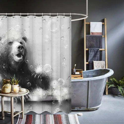 Miniatura 7 de KREATIVE ARTS Cortina de ducha con diseño de osos divertidos animales, decoración de bañera, casa de campo en blanco y negro, 72 pulgadas de ancho