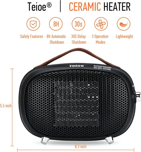 Miniatura 2 de Calentador de Espacio, Teioe Mini Calentador de Espacio Eléctrico 800W/400W, Pequeño Calentador de Cerámica PTC con Protección contra Vuelco y Blanco