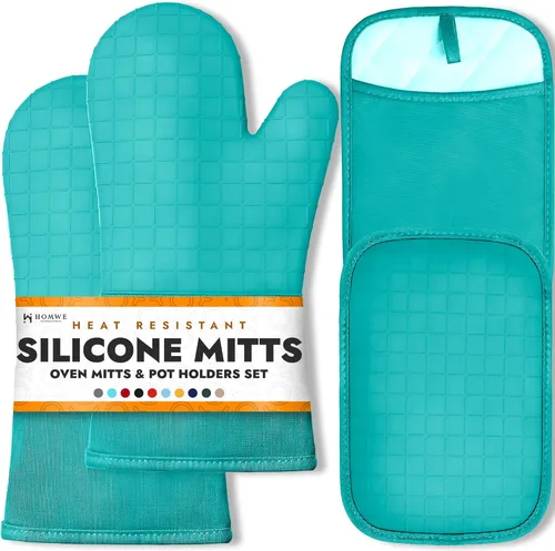Miniatura 31 de Guantes de horno de silicona con forro de algodón acolchado – profesional resistente al calor olla de cocina soportes – 1 par 2-Turquesa