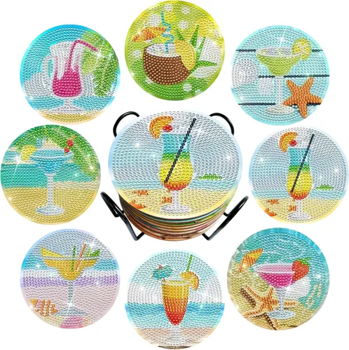 CasaPopz Juego de 8 posavasos de arte de diamante con soporte para adultos, kits de posavasos de arte de diamantes antideslizantes para mujeres,