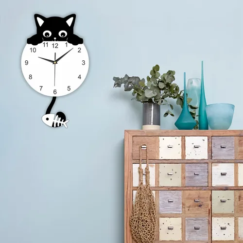 Miniatura 4 de Reloj de pared con péndulo de gato negro con cola oscilante, divertido reloj de gato con cola móvil, fácil de montar, gatitos y peces de lujo, reloj