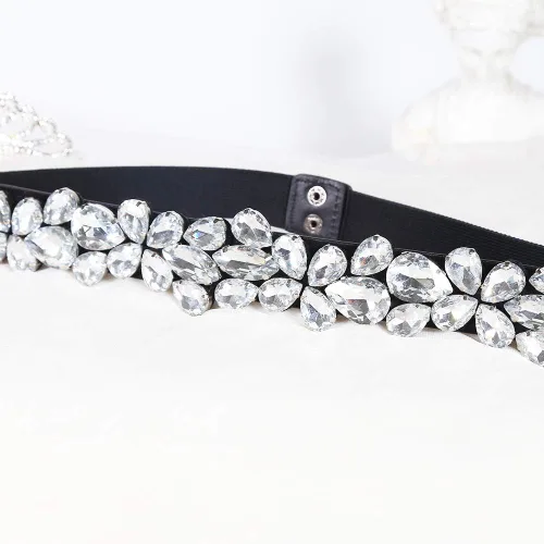 Miniatura 20 de Cinturón de diamantes de imitación para mujer, cinturones de vestir brillantes y delgados, cinturones de cintura elásticos para dama elegante