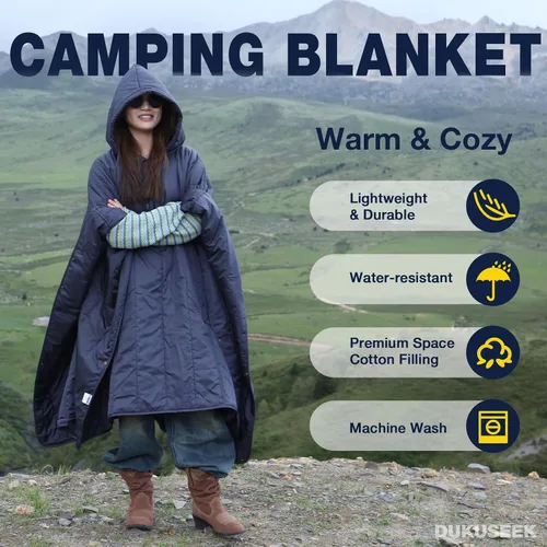 Miniatura 3 de DUKUSEEK - Manta de camping portátil para exteriores con capucha, manta grande plegable para mochileros con capucha para estadios, edredón ligero