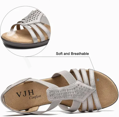 Miniatura 3 de VJH confort Sandalias planas para mujer, cómodas y elásticas, sin cordones, ligeras, informales, con diamantes de imitación