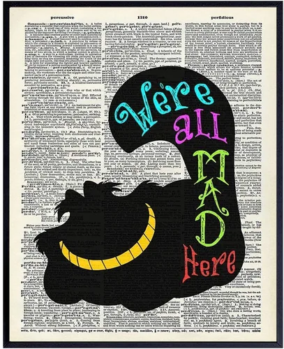 Decoración de pared de gato Cheshire – Arte de pared de gato – Regalo único para los fanáticos de Alicia Wonderland – Póster de fotos de diccionario