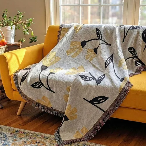 DaDa Bedding - Manta de tapiz floral de flores amarillas, estampado de flores botánicas, borlas de flecos color marfil crema, diseño decorativo