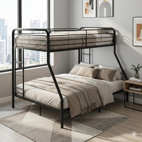 Miniatura 6 de Litera individual sobre matrimonial, litera de metal con escaleras, protector de seguridad, sin ruido para dormitorio pequeño, color negro