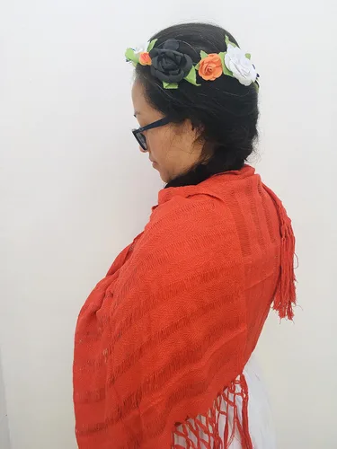 Miniatura 9 de Typical Mexican orange Rebozo 2.4 meters 95 inches (including fringes) modelo deshilado