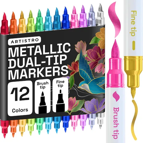 Miniatura 36 de ARTISTRO 5 marcadores de pintura acrílica negra, bolígrafos de pintura de doble punta + pincel fino ideal para caligrafía, perfectos para tela