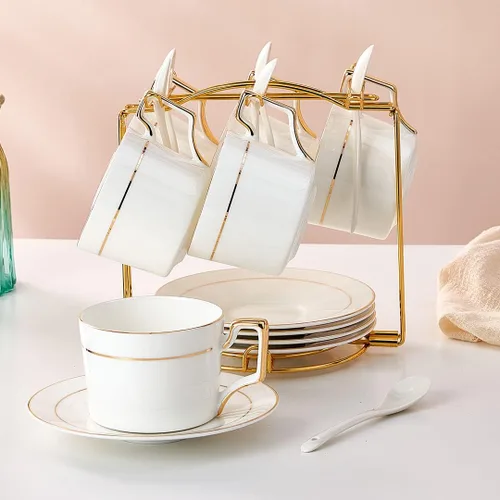 Miniatura 5 de Juego de tazas de té y platillos de porcelana, tazas de té de 6 onzas con borde dorado, tazas de café blancas y tazas con soporte para capuchino