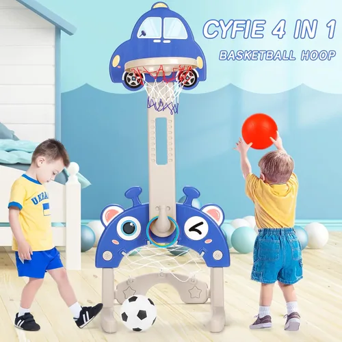 Miniatura 4 de CYFIE Aro de baloncesto 4 en 1 con altura ajustable para niños pequeños, centro de actividades deportivas con aro de baloncesto, red de fútbol