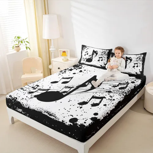 Miniatura 28 de Erosebridal Juego de sábanas de tamaño individual con temática musical, con estampado de notas musicales, juego de cama ajustable en blanco y negro