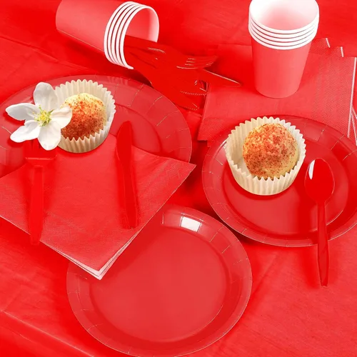 Miniatura 6 de Juego de 229 piezas de suministros rojos para fiestas, platos desechables de papel, vasos, cucharas de plástico, tenedores, cuchillos, servilletas