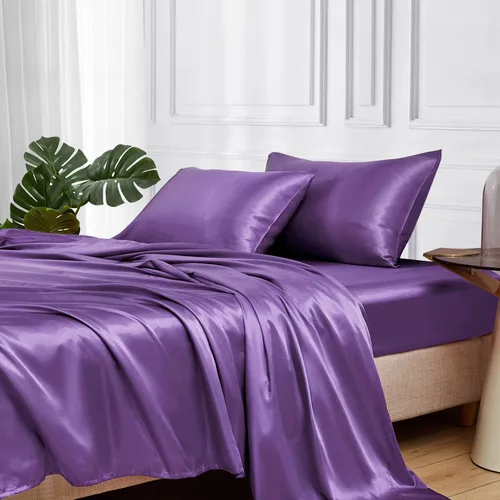 Miniatura 62 de MR&HM Sábanas de satén para cama de tamaño King, juego de 4 piezas de ropa de cama sedosa con bolsillo profundo de 15 pulgadas para colchón