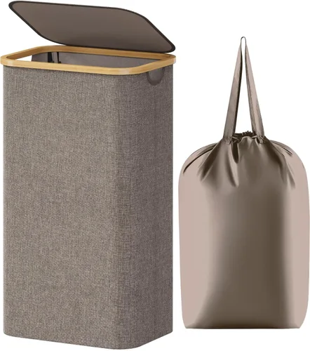 Miniatura 26 de Lifewit Cesta de ropa de 120L con tapa, cestas de ropa para lavandería con asas de bambú y una bolsa de lavandería extraíble, cesta plegable grande