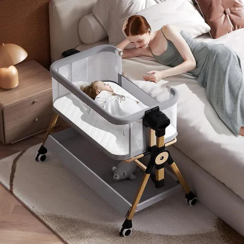 Miniatura 9 de Moisés de bebé 3 en 1, moisés de cabecera/mecedora para bebé, cuna de cabecera con ruedas bloqueables, colchón impermeable, 6 alturas ajustables