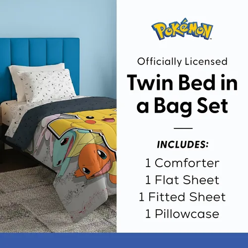 Miniatura 7 de Northwest Pokemon - Juego de cama individual en una bolsa, Pikachu Squirtle Eevee Charmander, ropa de cama de anime para niñas y niños, escuadrón