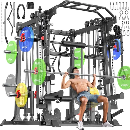 Miniatura 14 de Máquina Smith con sistema de cruce de cables, jaula de potencia multifunción para sentadillas y rack de potencia para gimnasio en casa, rack de Negro