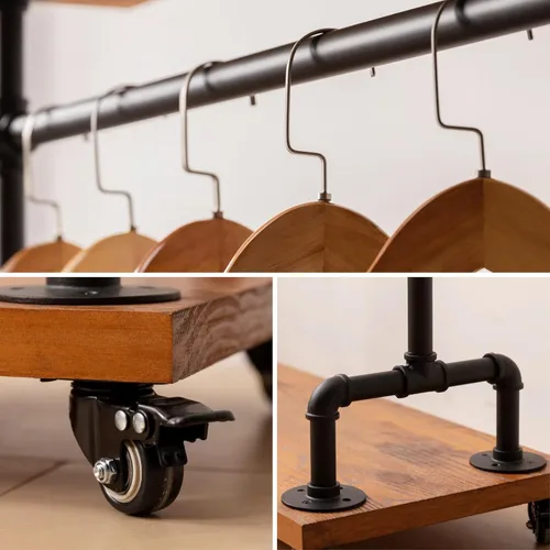 Miniatura 9 de Perchero industrial de tubería con ruedas, percheros de hierro rodante con estantes de madera, percheros comerciales resistentes, perchero de ropa