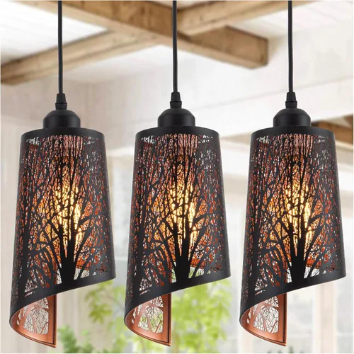 Lámpara Colgante Industrial Negra Estilo Vintage, Mini Iluminación Colgante Negra con Acabado Dorado, Luminaria Colgante Rústica Pequeña Tallada