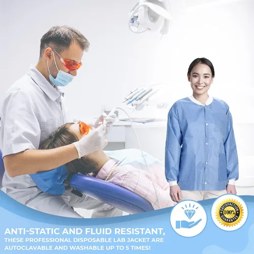 Miniatura 16 de Paquete de 10 chaquetas desechables de laboratorio, chaqueta médica reutilizable hasta la cadera, unisex, con puños de punto y bolsillos