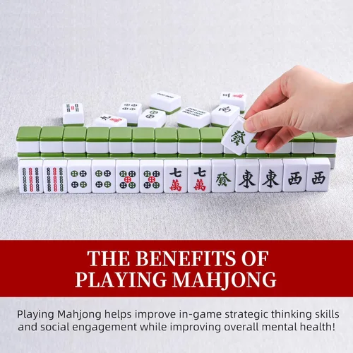 Miniatura 5 de 34MM chino verde medio Mahjong establece 144+2 azulejos de melamina 1.3 "azulejo con caja de transporte portátil completo juego de mahjong