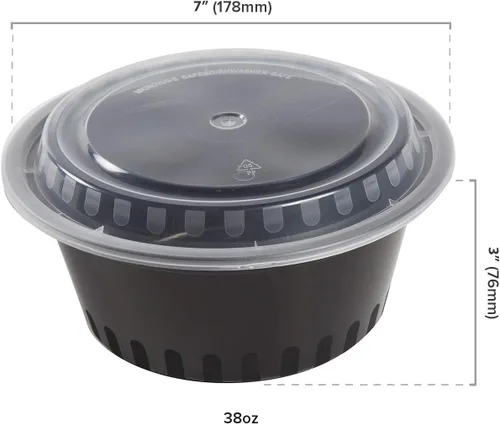 Miniatura 3 de AmerCare Recipiente redondo de plástico negro de 7 pulgadas con tapa, 38 onzas para microondas o congelador, paquete de 150