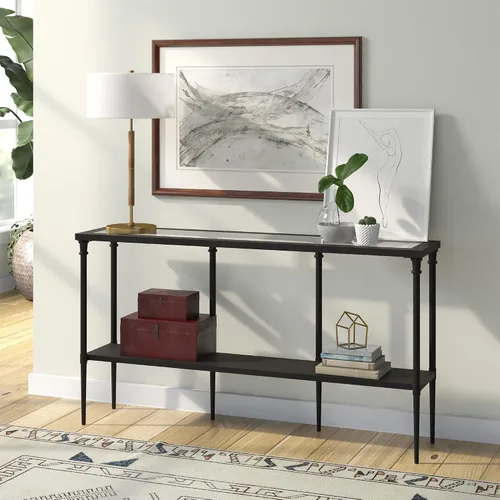 Miniatura 6 de Nellie - Mesa consola rectangular de 55 pulgadas de ancho con estante de metal en bronce ennegrecido